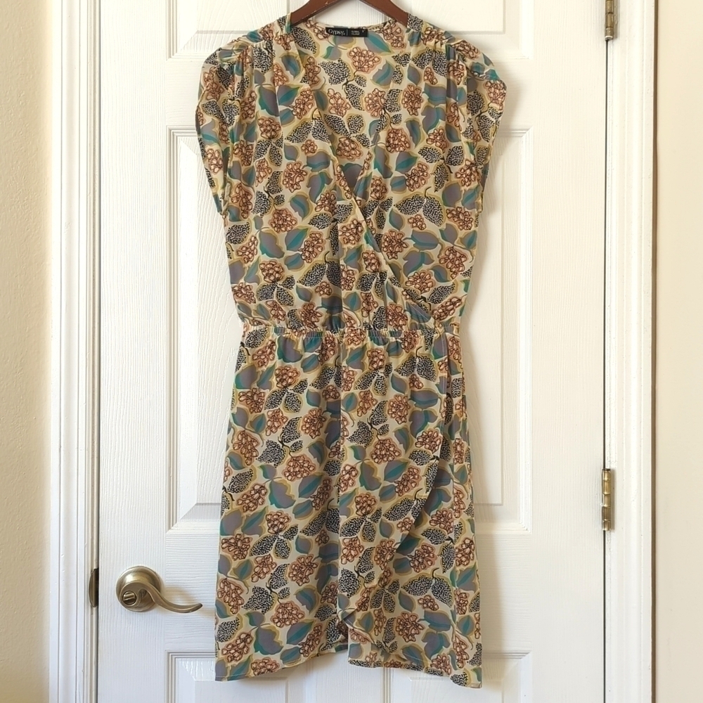 Gypsy 05 Floral Printed Silk Surplice Faux Wrap Cap Sleeve A-Line Mini Dress S